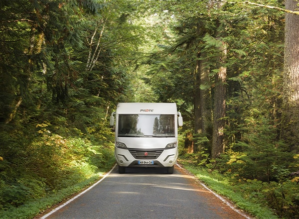 Camping-car intégral Pilote sur un route en pleine forêt.