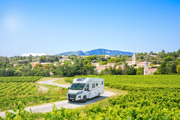camping-car profilé Pilote roulant sur une route avec des vignes de chaque côté
