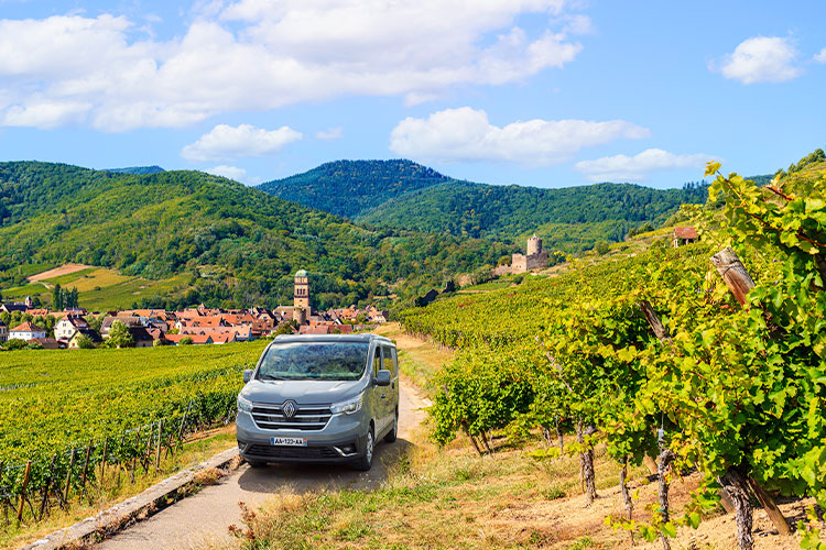 Van aménagé Pilote roulant sur une route le long de vignes