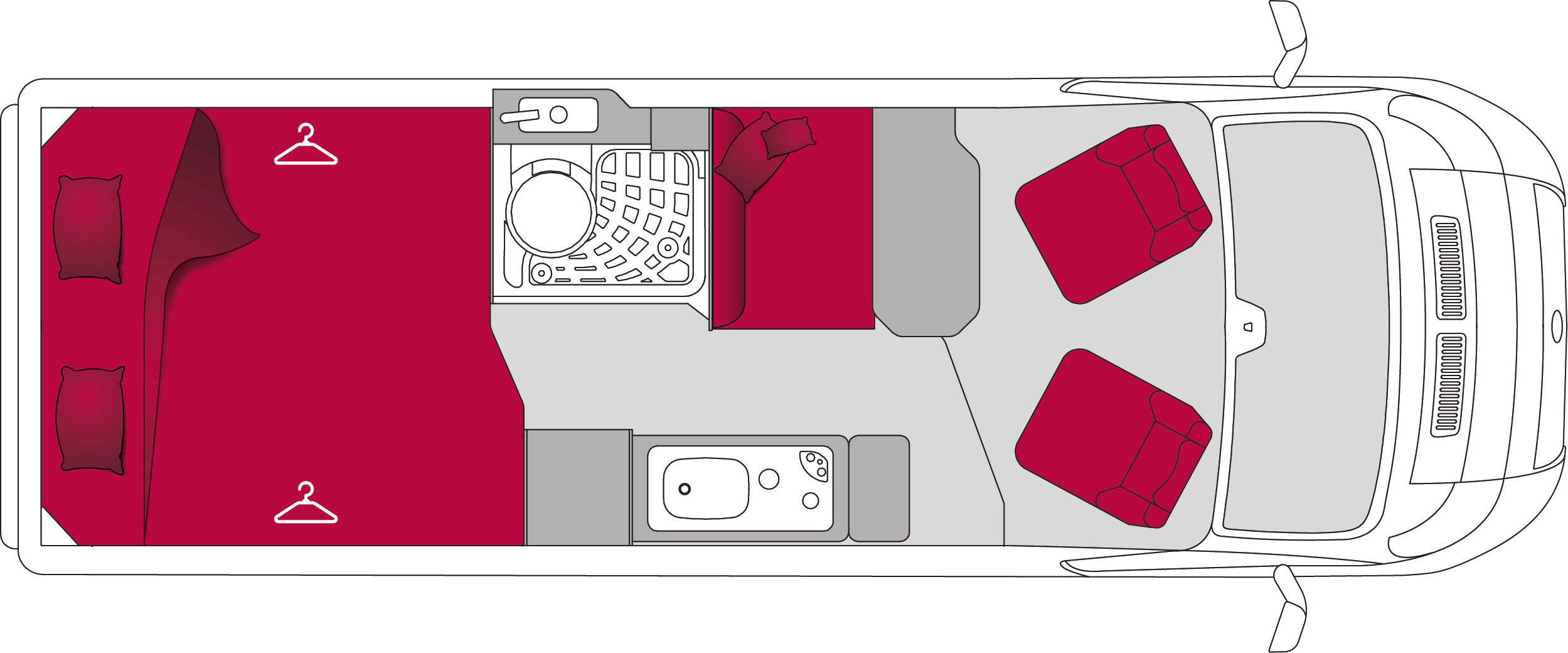 Schéma d'implantation du nouveau fourgon aménagé Pilote V630B avec ses grands placards en chambre.